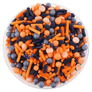 Orange & Navy Blue Team Spirit Sprinkle Blend - orange navy blue blend of jimmies, non-pareils, dot sprinkles, candy sprinkles sports team