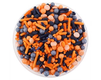 Orange & Navy Blue Team Spirit Sprinkle Blend - orange navy blue blend of jimmies, non-pareils, dot sprinkles, candy sprinkles sports team