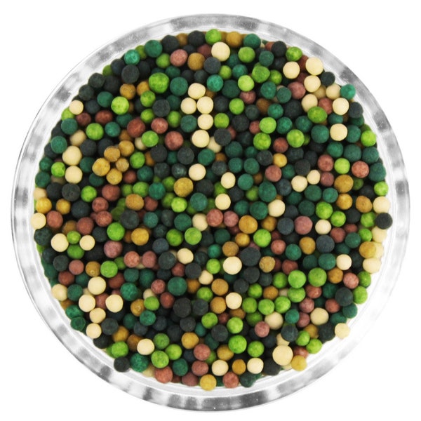 Camo Non-Pareils Blend - Our camo blend is a mix of classic non-pareils in black, forest green, olive green, brown, golden brown, and sand.