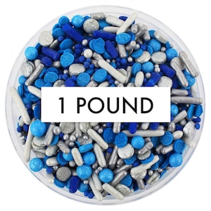 Royal Blue & Silver Team Spirit Sprinkle Blend 1 LB - blue silver blend of jimmies, non-pareils, dot sprinkles, candy sprinkles, sports team