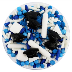 Royal Blue & White Graduation Sprinkle Blend - blau-weiße Mischung aus Jimmies, Non-Pareils, Dot-Streuseln, Candy Streuseln und Abschlusshut