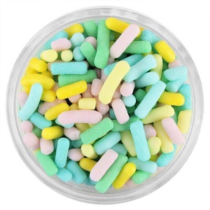 Frühling Garten Jimmies Mischung - Eine Mischung aus klassischen Jimmies in Türkis, helltürkis, gelb, hellgelb, antik rosa und Grasgrün.