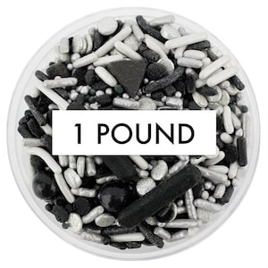 Black & Silver Team Spirit Sprinkle Blend 1 LB - black and silver blend of jimmies, non-pareils, dot sprinkles, candy sprinkles sports team