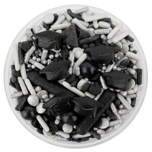 Black & Silver Graduation Sprinkle Blend - Schwarz- und Silber-Mix, Jimmies, Non-Pareils, Dot Streusel, Candy Streusel, Abschlusshut
