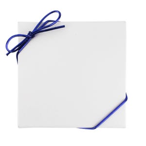 May include: A square white gift box with a shiny blue ribbon tied around it. The ribbon is wrapped around the box and knotted in a bow at the top corner. The box has a simple, minimalist design.