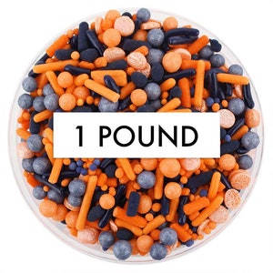 Orange & Navy Blue Team Spirit Sprinkle Blend 1 LB - orange blue blend of jimmies, non-pareils, dot sprinkles, candy sprinkles sports team