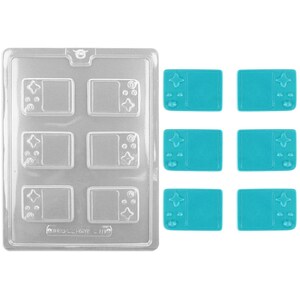 May include: A clear plastic mold with eight cavities shaped like a handheld video game console. The mold is used to make chocolate or candy. There are eight blue chocolate video game consoles next to the mold.