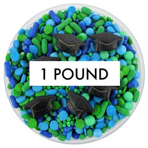 Royal Blue & Green Graduation Sprinkle Blend 1 pond - blauwgroene mix van jimmies, non-pareils, punthagelslag, snoephagelslag, afstudeerhoed