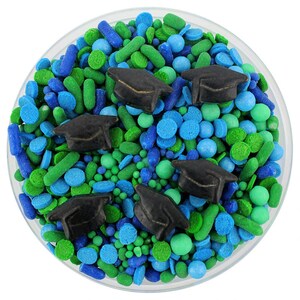 Royal Blue & Green Graduation Sprinkle Blend - blauwe en groene mix van jimmies, non-pareils, punthagelslag, snoephagelslag, afstudeerhoed