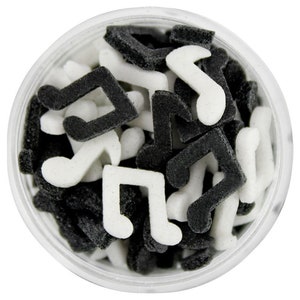 Note musicali Bolt Sprinkles - Graziose note musicali spruzzano in bianco e nero brillante da cospargere sui tuoi dolci!