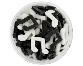 Music Notes Bolt Sprinkles: ¡lindas notas musicales en blanco y negro brillante para espolvorear sobre tus dulces!