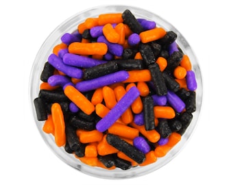 Halloween Jimmies Blend - A mix of classic soft jimmies in orange, purple, and black for Halloween cake, cupcakes, and cookies