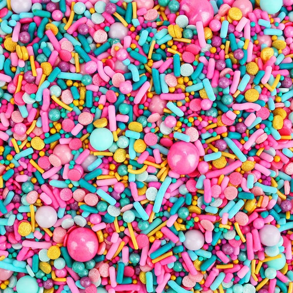 Bollywood Sprinkle Blend- vibrant jewel toned blend of pink, teal, light blue, plum, and gold,  jimmies, non p's, candy beads, sugar pearls