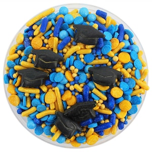 Royal Blue & Gold Graduation Sprinkle Blend - blau-goldene Mischung aus Jimmies, Non-Pareils, Dot Streuseln, Candy Streuseln, Abschlusshut