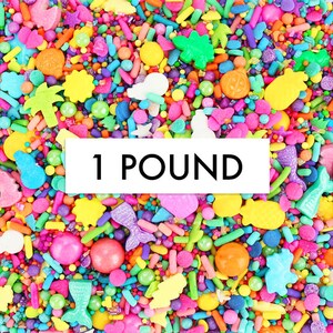 Bright Rainbow Sprinkle Surprise Sprinkle Blend 1 LB - blend of our rainbow jimmies, non-pareils, dots, sugar pearls, candy beads & shapes