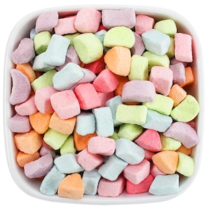 May include: A square white bowl filled with colorful, irregularly shaped marshmallows. The marshmallows are in various pastel colors, including pink, orange, green, blue, and purple. The marshmallows are a popular treat.