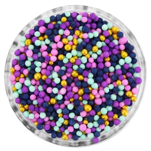 May include: A clear glass bowl filled with colorful sprinkles. The sprinkles are a mix of pink, purple, blue, and gold.