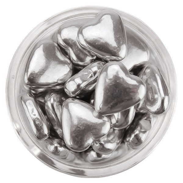 Silver Heart Dragees - shiny metallic silver heart dragees for topping cakes, cupcakes, cookies, and cake pops