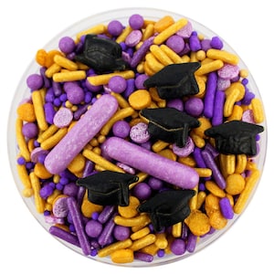 Purple & Gold Graduation Sprinkle Blend - paarse en gouden mix van jimmies, non-pareils, punthagelslag, snoephagelslag, afstudeerhoed