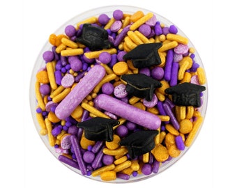 Purple & Gold Graduation Sprinkle Blend - purple and gold blend of jimmies, non-pareils, dot sprinkles, candy sprinkles, graduation hat