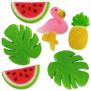 トロピカルフラミンゴシュガー - フラミンゴシュガートッパー、スイカシュガーデコレーション、パイナップルシュガートッパー、モンステラリーフシュガーデコレーション