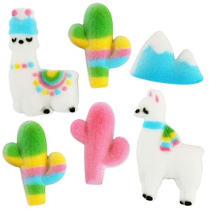 May include: A set of six colourful sugar decorations featuring two white llamas, one with a rainbow saddle and the other with a blue and green scarf, and four cacti in green, pink and yellow.