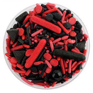 Red & Black Team Spirit Sprinkle Blend - red and black blend of jimmies, non-pareils, dot sprinkles, candy sprinkles sports team