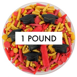 Rot & Gold Graduation Sprinkle Blend. 1LB - rot-goldene Mischung aus Jimmies, Non-Pareils, Dot Streules, Candy Streuseln, Graduierung Hut