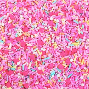 Candy Heart Sprinkle Blend - a fun blend of pink, white and pastel heart sprinkles for decorating Valentines day cakes, cookies, and treats!