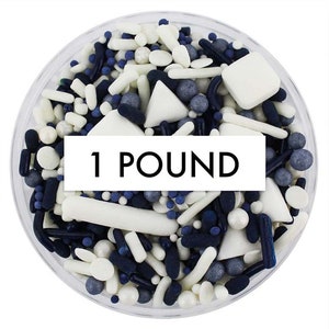 Navy Blue & White Team Spirit Sprinkle Blend 1 LB - blue white blend of jimmies, non-pareils, dot sprinkles, candy sprinkles sports team