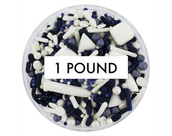 Navy Blue & White Team Spirit Sprinkle Blend 1 LB - blue white blend of jimmies, non-pareils, dot sprinkles, candy sprinkles sports team