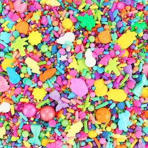 Bright Rainbow Sprinkle Surprise Sprinkle Blend - fun blend of our rainbow jimmies, non-pareils, dots, sugar pearls, candy beads and shapes