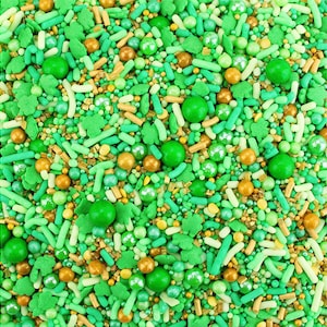 Lucky Shamrock Sprinkle Blend - 4 ounces - fun blend of shamrocks, sugar pearls, jimmies, candy beads  in greens and golds