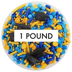 Royal Blue & Gold Graduation Sprinkle Blend 1 pond - blauwgouden mix van jimmies, non-pareils, punthagelslag, snoephagelslag, afstudeerhoed