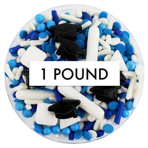 Royal Blue & White Graduation Sprinkle Blend 1 Pfund - blau-weiße Mischung aus Jimmies, Non-Pareils, Dot Streuseln, Candy Streuseln, Abschlusshut