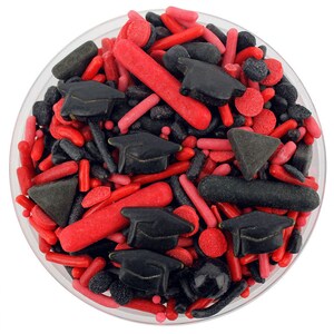 Red & Black Graduation Sprinkle Blend - rote und schwarze Mischung aus Jimmies, Non-Pareils, Dot Streuseln, Candy Streuseln, Graduierung Hut
