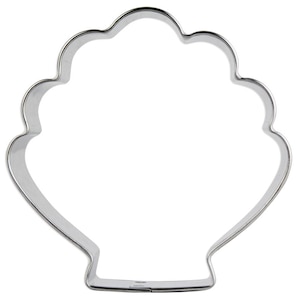 May include: A silver metal cookie cutter shaped like a seashell.