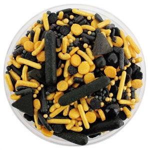 Black & Gold Team Spirit Sprinkle Blend - black and gold blend of jimmies, non-pareils, dot sprinkles, candy sprinkles sports team