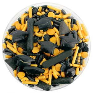 Black & Gold Graduation Sprinkle Blend – schwarz-goldene Mischung aus Jimmies, Non-Pareils, Punktstreuseln, Bonbonstreuseln und Abschlusshut