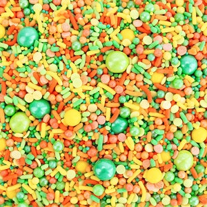 Tropical Delight Sprinkle Blend - tropisch inspirierte helle Mischung aus orangen, grünen und gelben Jimmies, Non-Pareils, Punkten und Candy-Perlen