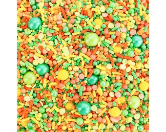 Tropical Delight Sprinkle Blend- tropical inspired bright blend of orange, green and yellow jimmies, non-pareils, dots and candy beads