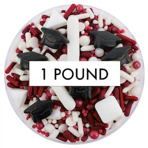 Maroon & White Graduation Sprinkle Blend 1 pond - kastanjebruine witte mix van jimmies, non-pareils, dot hagelslag, snoep hagelslag, afstudeerhoed