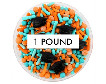 Orange & Turquoise Graduation Sprinkle Blend 1 LB - orange teal blend, jimmies, non-pareils, dot sprinkles, candy sprinkles, graduation hat