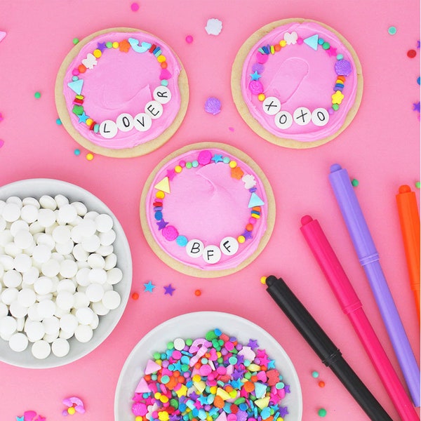 Friendship Bracelet Cookie Kit - swiftie bff cookies, edible letter beads, white dot sprinkles