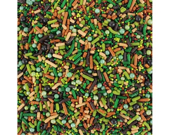 Camo Sprinkle Blend - An exclusive mix of soft jimmies, crunchy non-pareils, and sugar pearls, in outdoorsy shades of green, brown, & black.