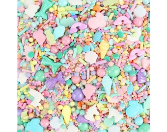 Pastel Rainbow Sprinkle Surprise Sprinkle Blend - fun blend of our pastel jimmies, non-pareils, dots, sugar pearls, candy beads and shapes