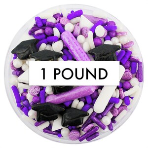 Purple & White Graduation Sprinkle Blend 1 LB - purple white blend of jimmies, non-pareils, dot sprinkles, candy sprinkles, graduation hat