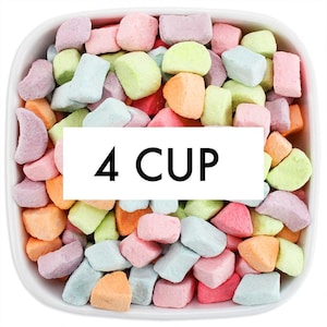 May include: A white square bowl filled with colorful, pastel-colored marshmallows. The marshmallows are in shades of pink, orange, green, and blue. The text "4 CUP" is displayed in a white rectangle in the center of the bowl.