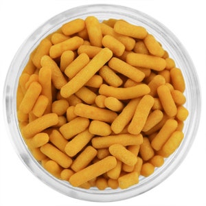 Mustard Jimmies - Jimmies in mustard have a soft texture and are perfect for topping cupcakes and other sweet treats.
