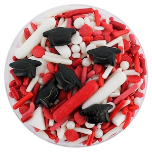 Red & White Graduation Sprinkle Blend - rote und weiße Mischung aus Jimmies, Non-Pareils, Dot Streuseln, Candy Streuseln, Graduierung Hut